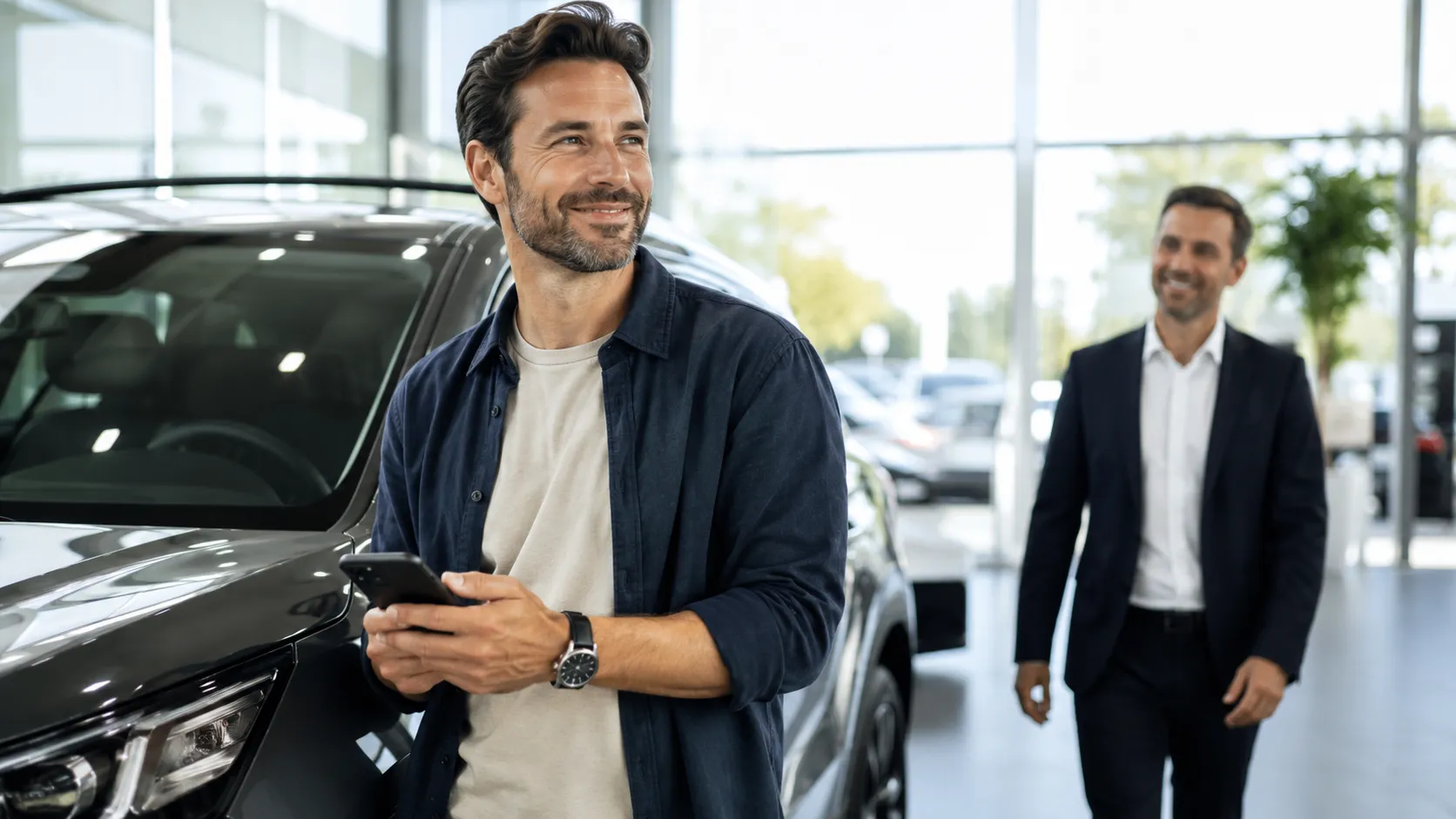 A buyer stands relaxed beside a new car in a bright showroom, phone in hand, as a salesperson approaches in the background.