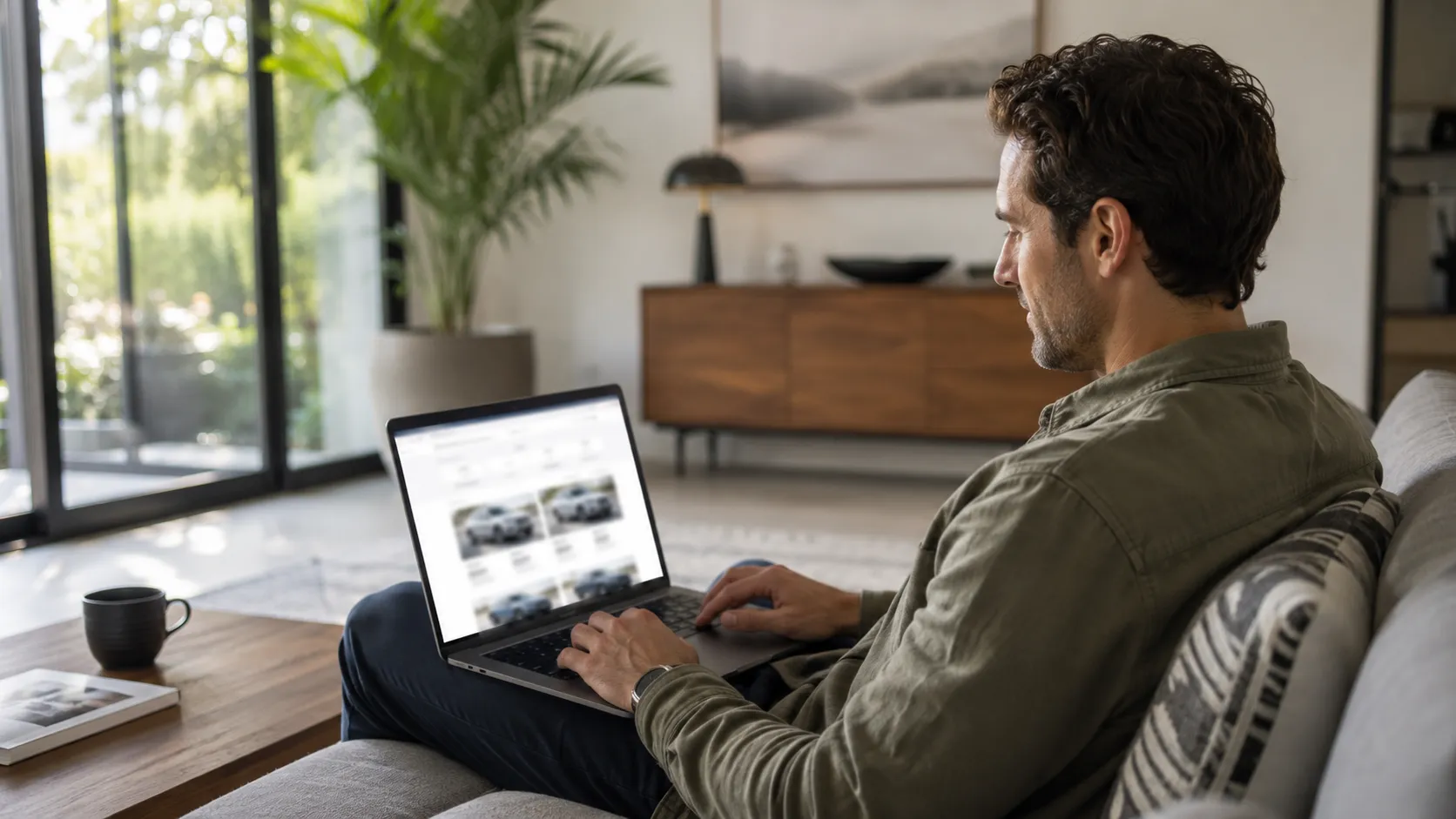 A person car-shopping calmly from a couch at home on a laptop in warm daylight.