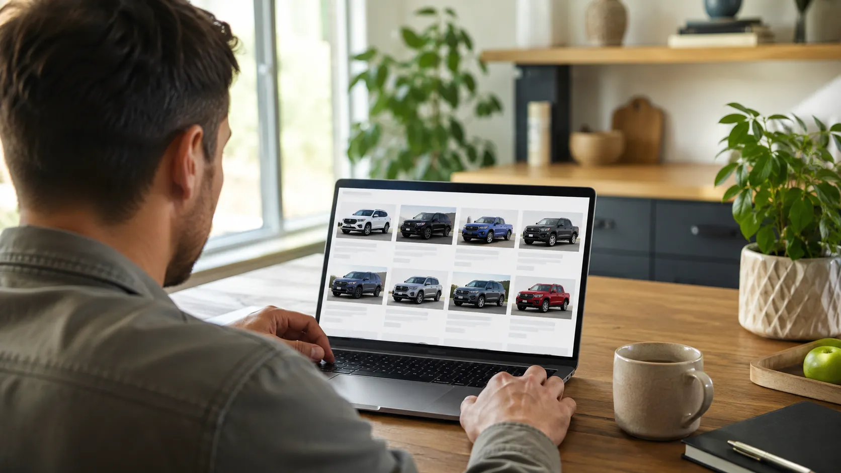 A person browses a grid of new vehicles on a laptop at a kitchen table in natural light.