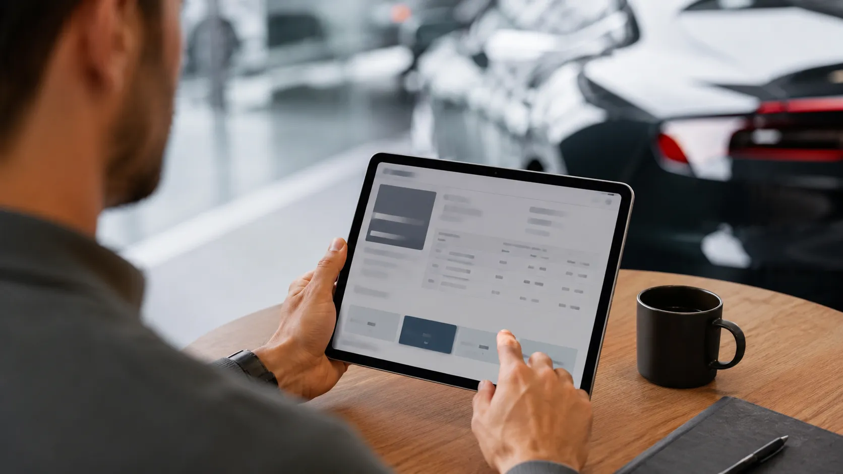 Close-up over a buyer's shoulder as they review vehicle terms on a tablet, a showroom softly out of focus behind.