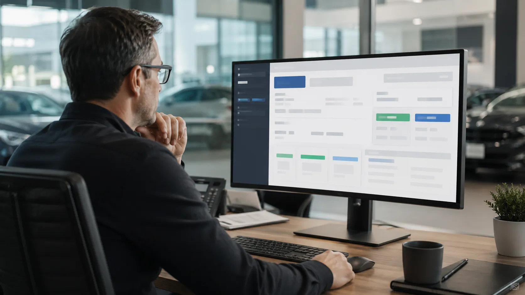 A dealer manager studies a structured offer dashboard on a monitor at a dealership desk.