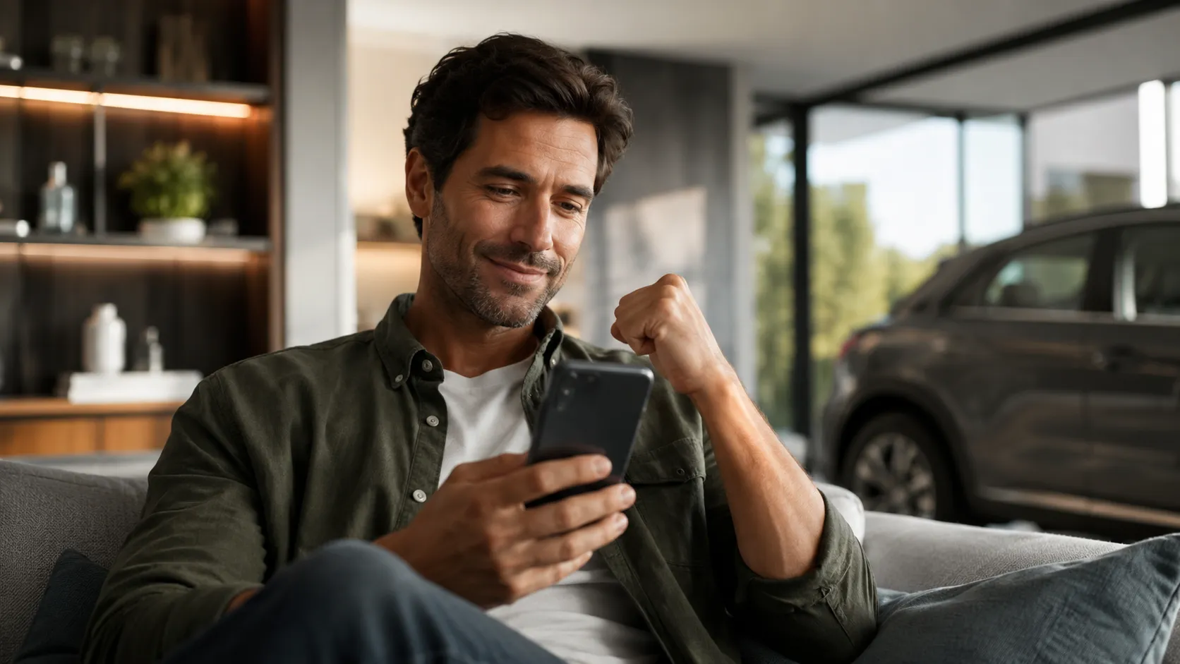 A buyer on a couch smiles at a phone notification, a new car visible through the window behind.