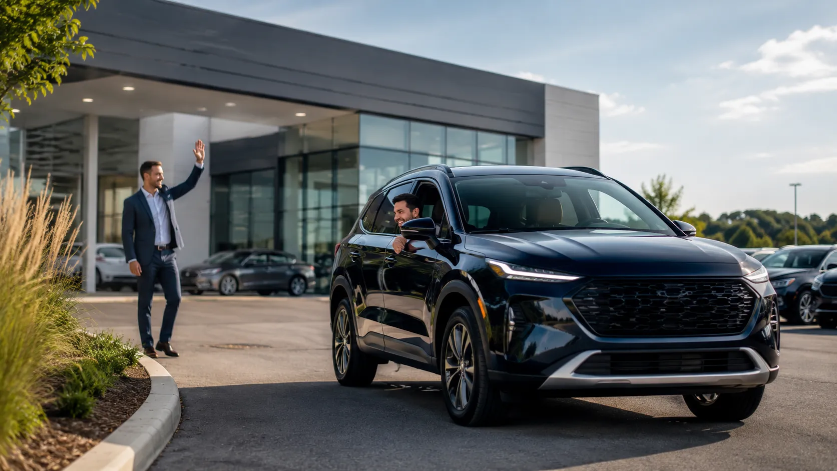 A buyer drives a new SUV off the dealership lot in daylight while a salesperson waves from the entrance.