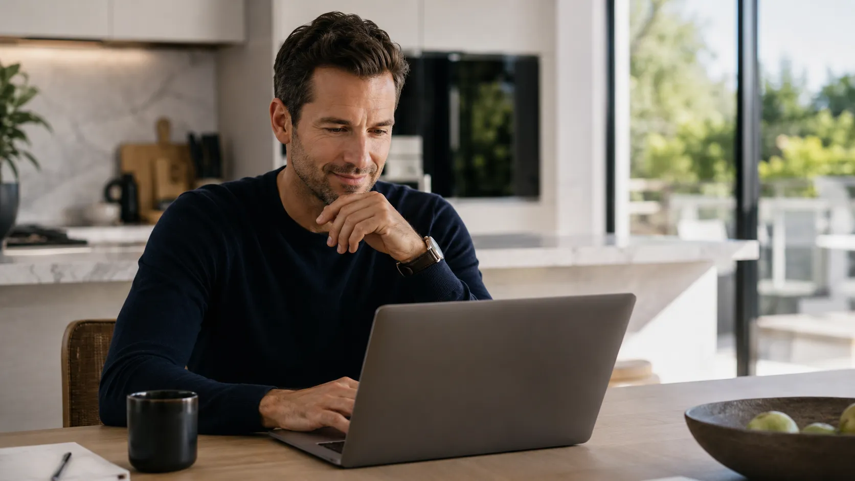 A buyer at a kitchen table compares vehicles on a laptop in bright daylight, chin resting on one hand.
