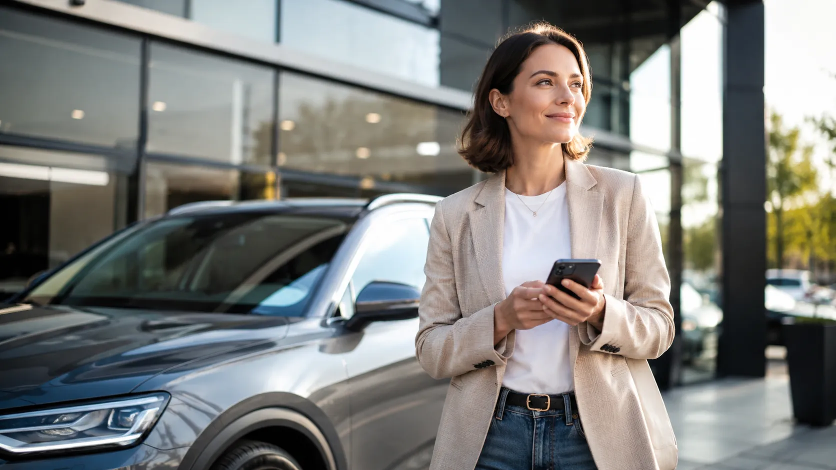 A buyer stands outside a dealership in morning light, phone in hand, looking ahead calmly.