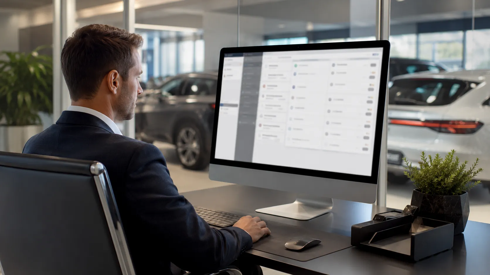 A dealership manager at a desk reviews a dashboard of incoming buyer demand on a large monitor, showroom cars behind the glass.