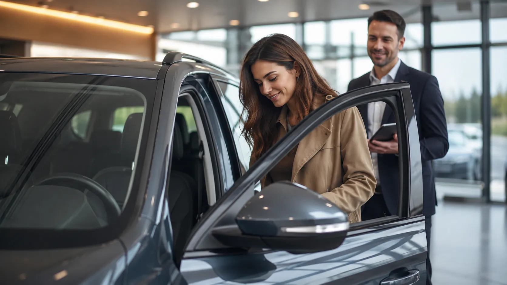 A dealership associate with a tablet assists a buyer as she opens the door of a new car in the showroom.