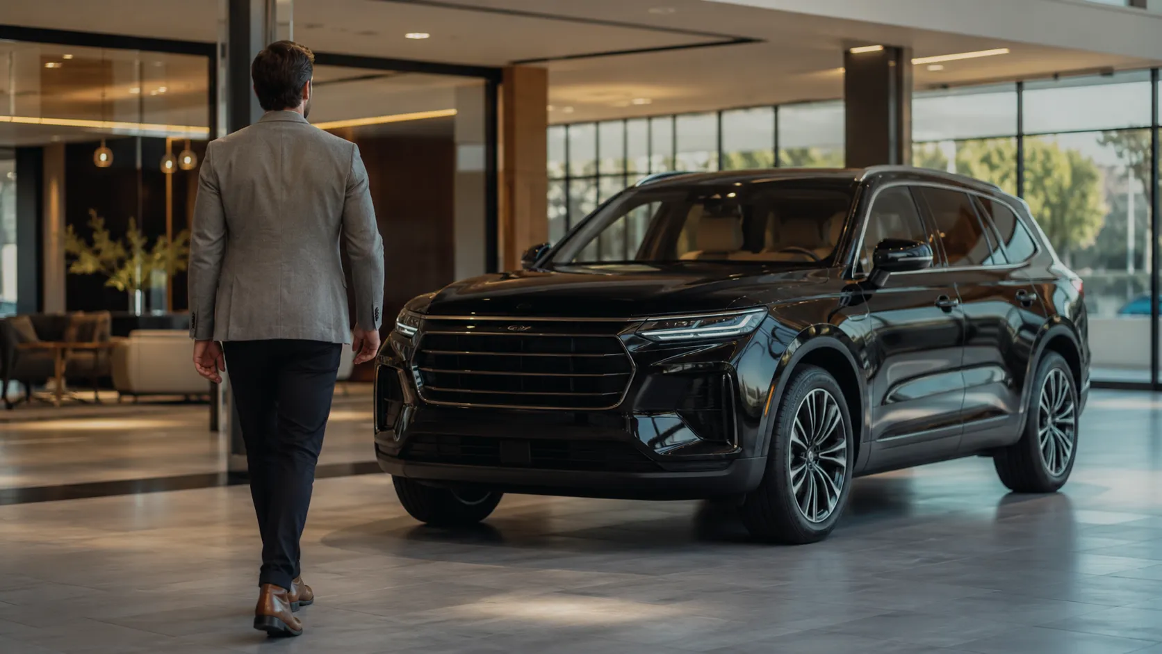 A buyer walks toward a new SUV waiting on the showroom floor, ready for pickup.