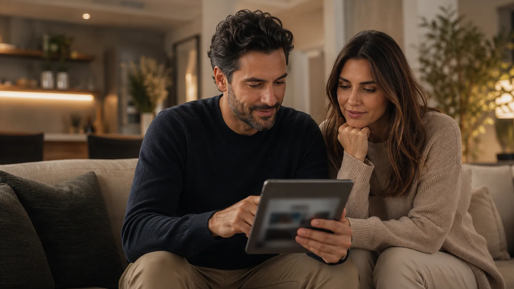 A couple on a sofa review an agreement together on a tablet in a warm, calm living room.