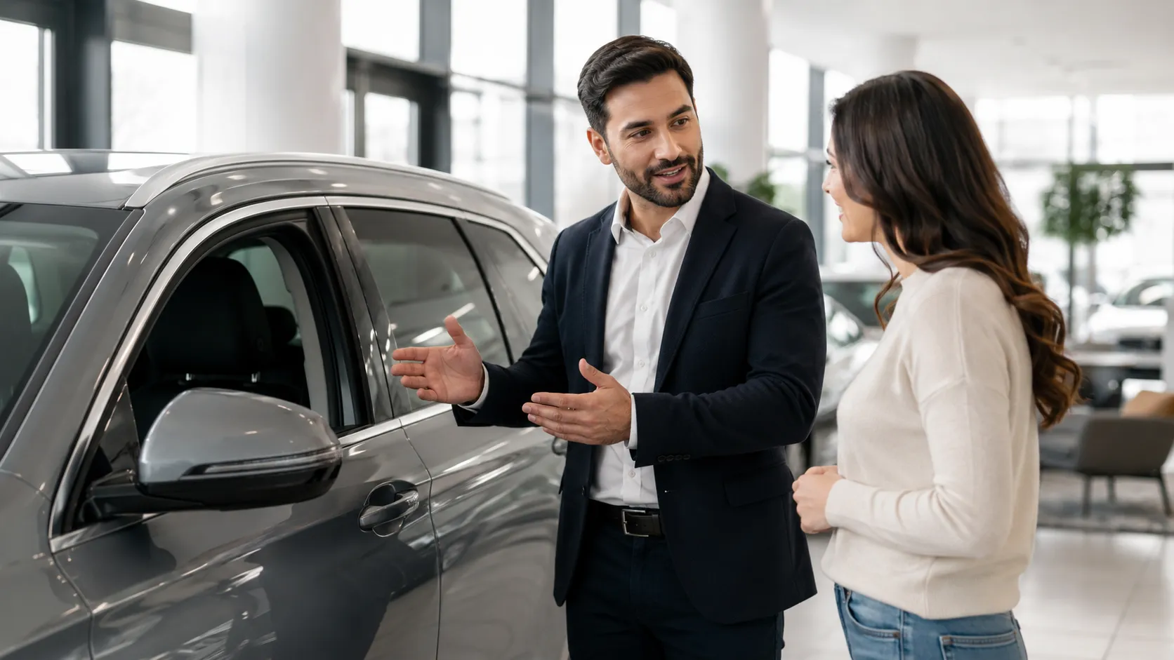 A dealer and a buyer talk calmly beside a car in the showroom, reviewing the terms together.