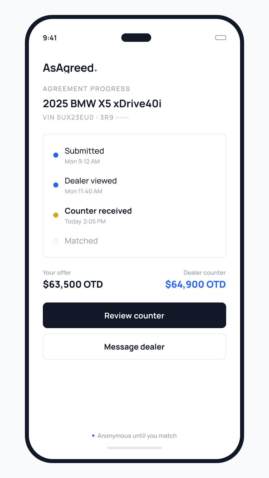 Phone mockup of the AsAgreed app showing an agreement's progress from Submitted to Counter received, with the buyer's offer beside the dealer's counter.
