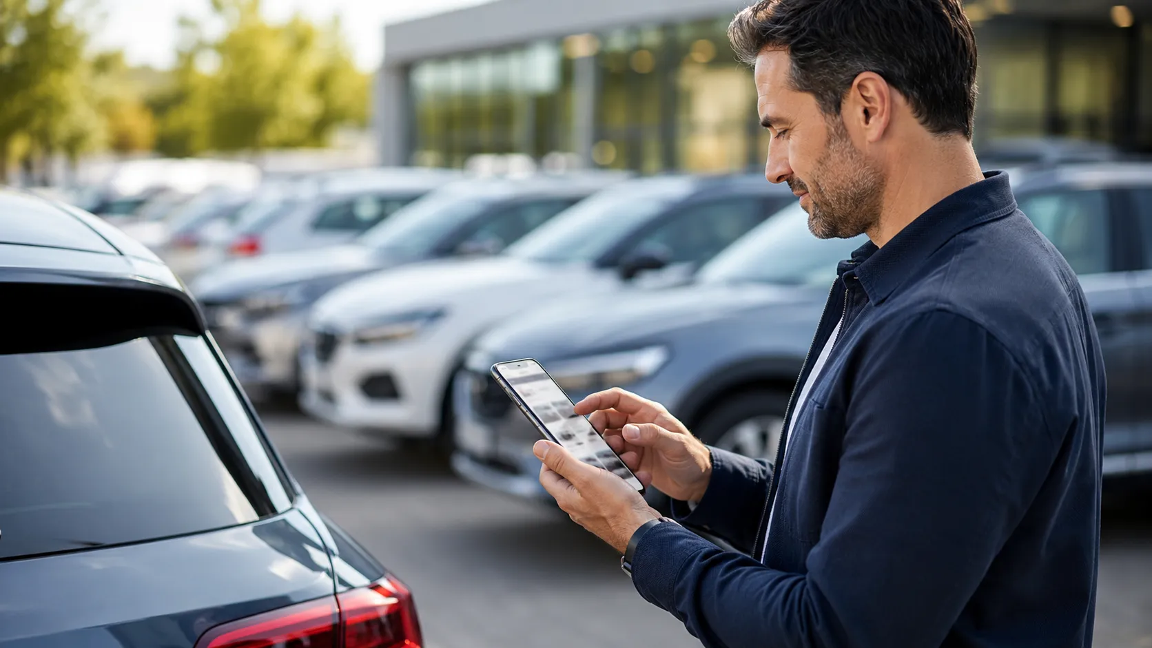 A buyer stands by a row of cars on a dealership lot, thoughtfully reviewing details on a phone.