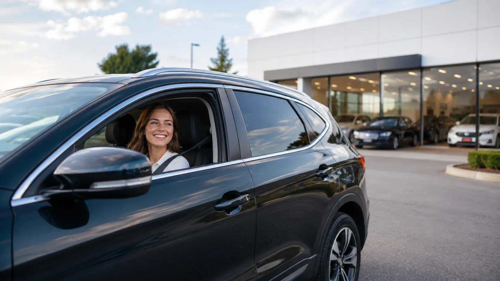 A smiling customer drives a new car off the lot, the dealership showroom behind them.